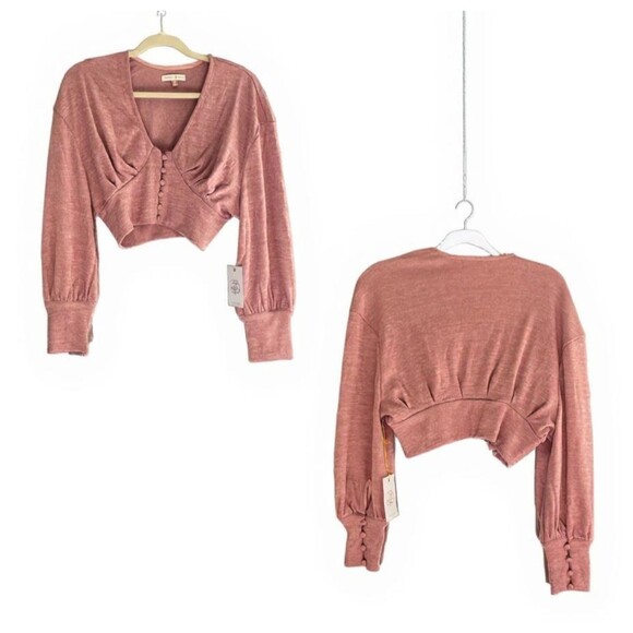 Women's Sweater  Long Sleeve V Neck Button Front Knit Top Backyard Roses - Picture 3 of 3